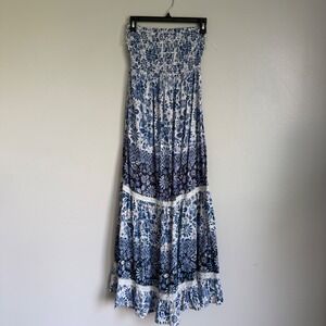 Angie Womens Blue White Floral Patchwork Smocked Strapless Maxi Dress XS Boho